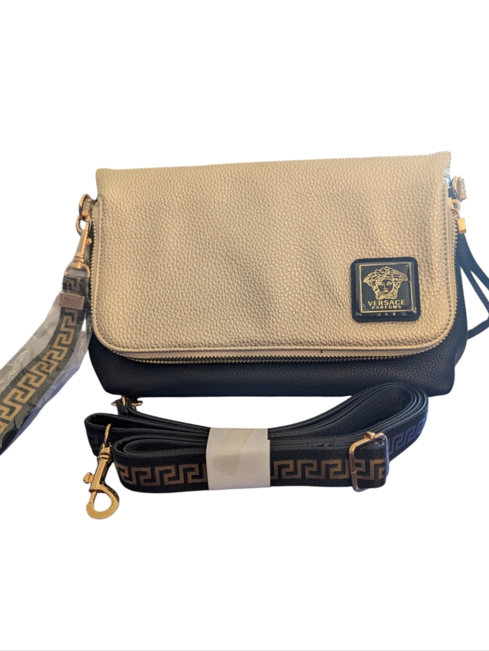 Versace Parfum Beige and Black Pebbled Leather Crossbody with Greek Key Strap